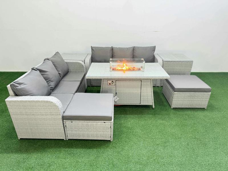 Fimous 8 Seater Wicker Rattan Garden Furniture Patio Set, Firepit Table, High Back Lounge Sofa, 2 Big Footstool, 2 Side Table, Light Grey