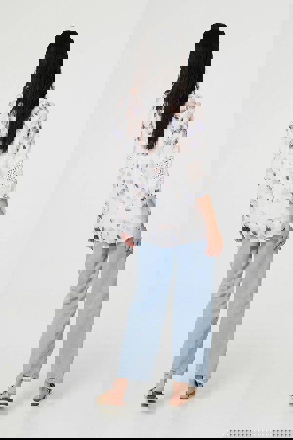 Blue | Printed Lace Trim Tie Neck Bardot Blouse
