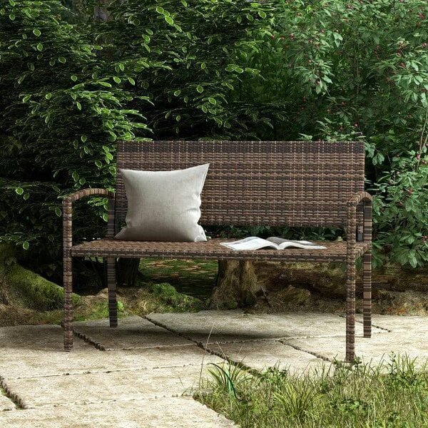 All Weather Wicker Garden Loveseat, 2 Seater Poly Rattan Garden Bench, Outdoor Seating Bench Brown