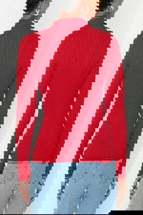 WOVCOR Mercerized Look Ribbed Polo Neck Knit Cardigan