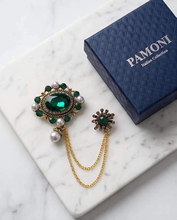 Pamoni Opulent Emerald & Pearl Lapel Chain Brooch