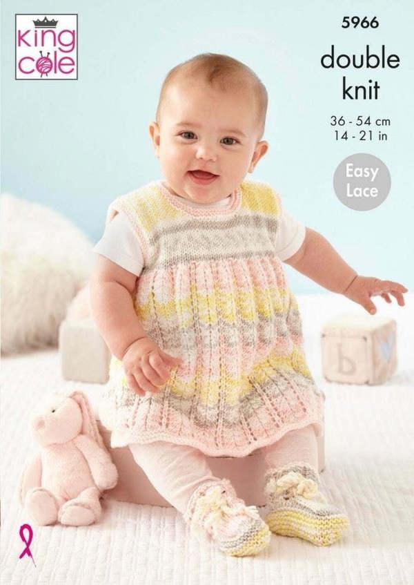 King Cole Cherish DK Knitting Pattern 5966, Pinafores, Dresses, Shoes, Headwear for Baby, 14 - 21 Inches