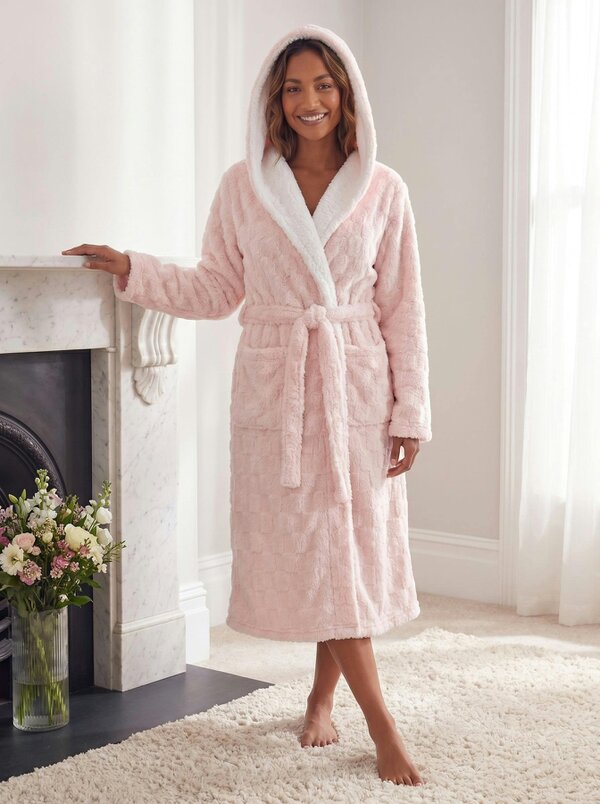 Camille Women's Super Soft Jacquard Sherpa Fleece Hooded Bathrobe
