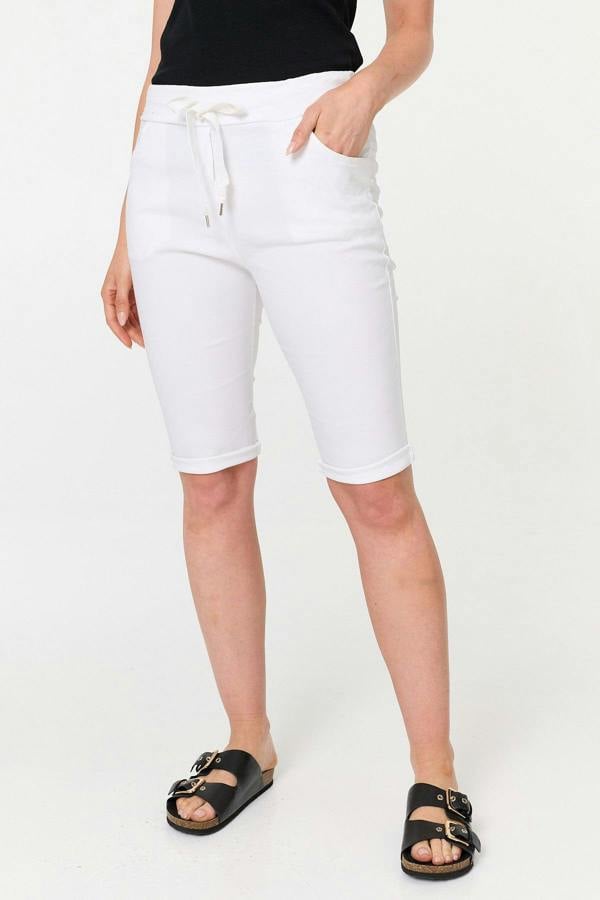 White | Tie Front Slim Knee Length Shorts