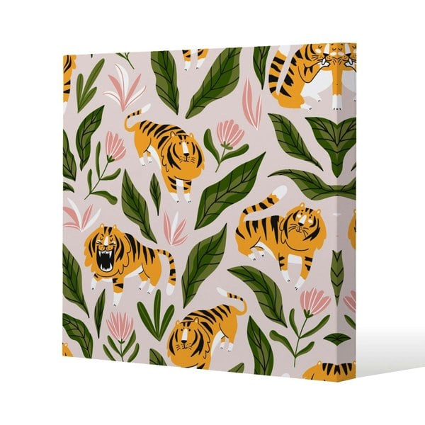 Benjamin Tate Design cute tigers and tropical leaves and flowers Slim Style Canvas Print  20x20cm , 15mm Slim Real wood.
