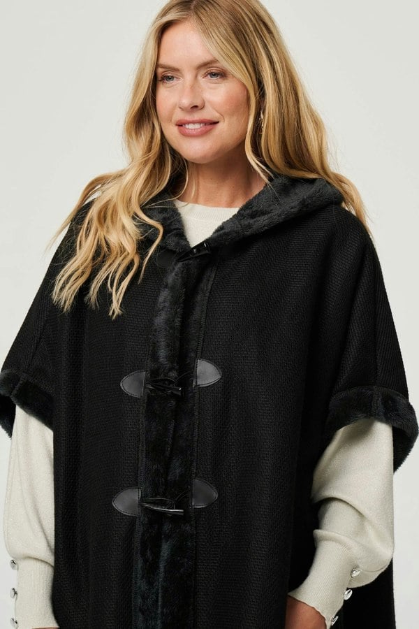 Black | Faux Fur Lined Hooded 1/2 Sleeve Poncho