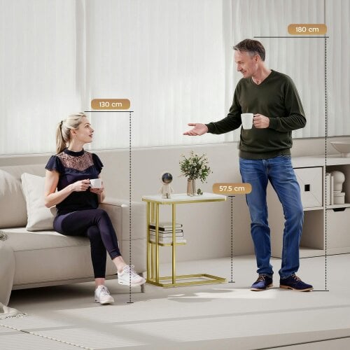 Wyld Haus Neso Metal And Wooden White Marble Grain Slim C Shaped Side Table With 2 Tier Storage