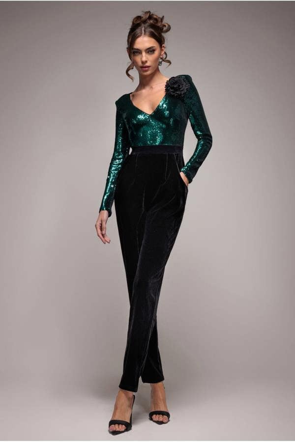Liquid Sequin Jumpsuit With Corsage - Emerald Green TR380