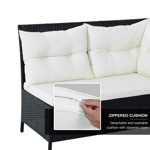 Wyld Haus Semapa Rattan Black 8 Seater Corner Dining Sofa Set With Coffee Table Footstool And White Cushions