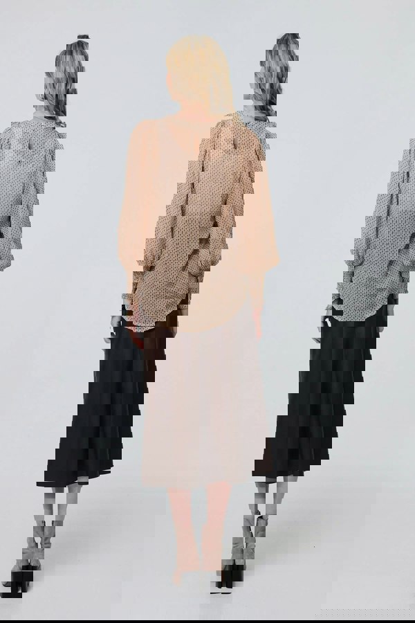 Beige | Mesh Fishnet Long Puff Sleeve Top
