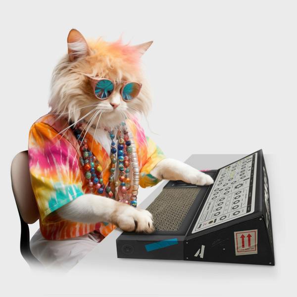 A fluffy long-haired ginger and white cat wearing neon 80s sunglasses and a tie-dye shirt, pretending to play a black cardboard synthesiser cat scratching pad against a plain grey background.