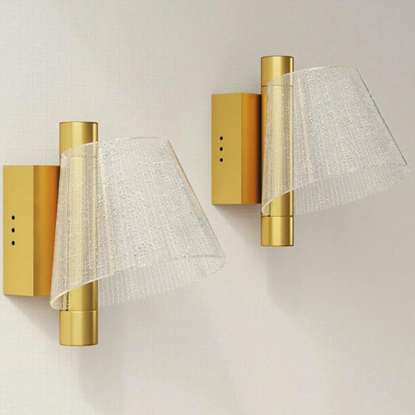 Gold-tone LED wall lamp pair with white textured starry shades and cylindrical backplates