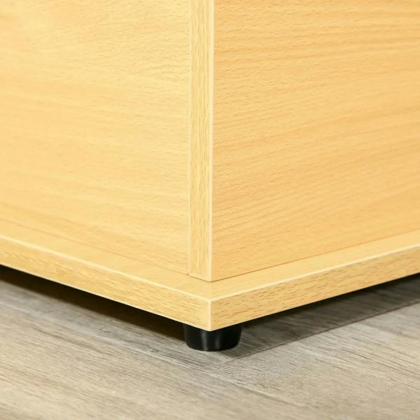 Burlywood storage chest base with black plastic foot pads on the underside