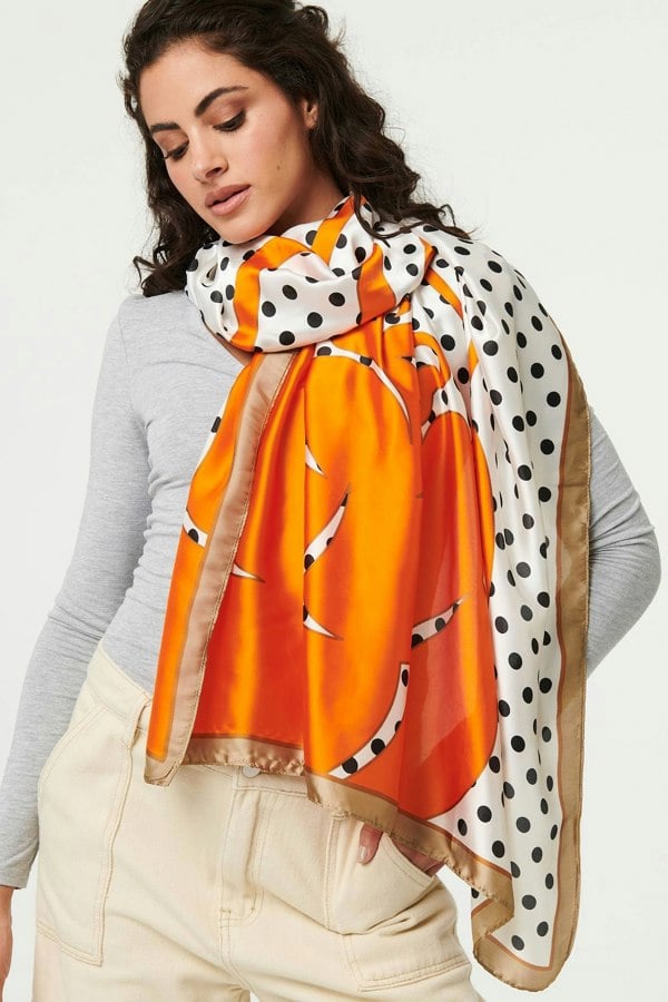Orange | Polka Dot Border Print Shawl Scarf
