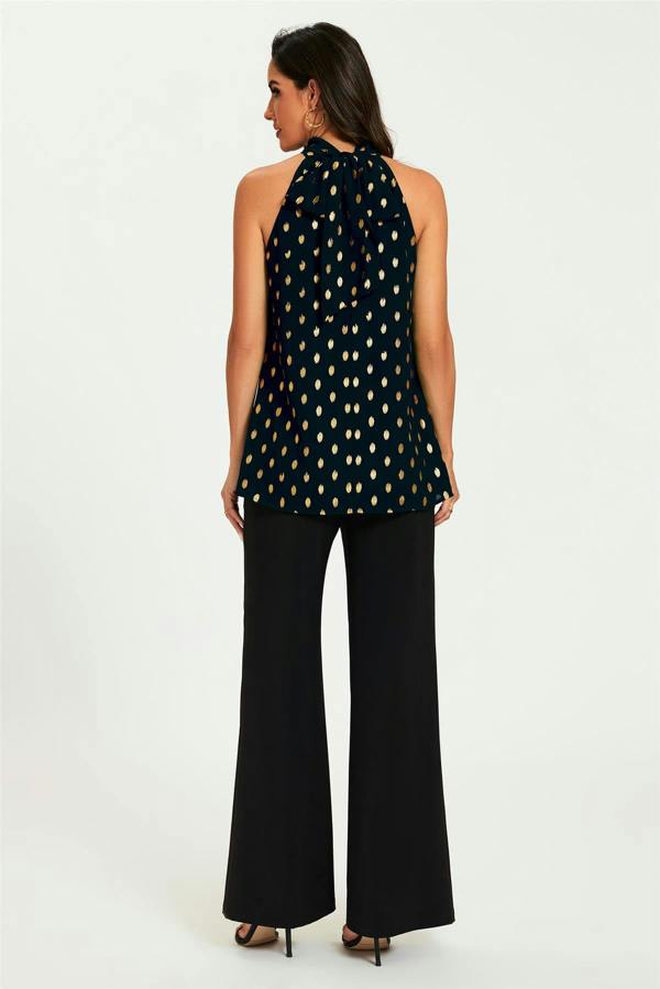 FS Collection Gold Foil Halter Neck Tie Back Top In Black