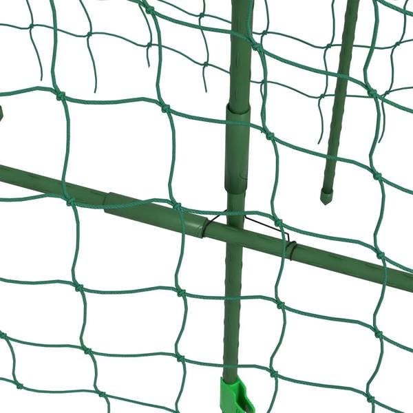 Green square grid climbing net attached to the metal arch trellis frame