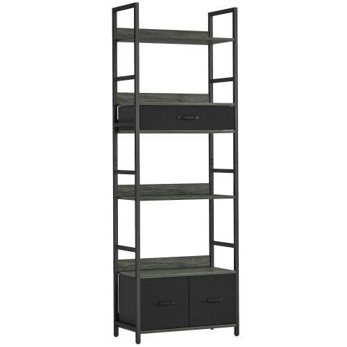 Wyld Haus Laro Metal And Wood Grey And Black Industrial Bookcase With 4 Shelves And Fabric Drawers