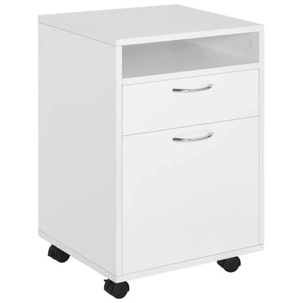 White filing cabinet with open top shelf, two drawers, curved metal handles, rolling casters