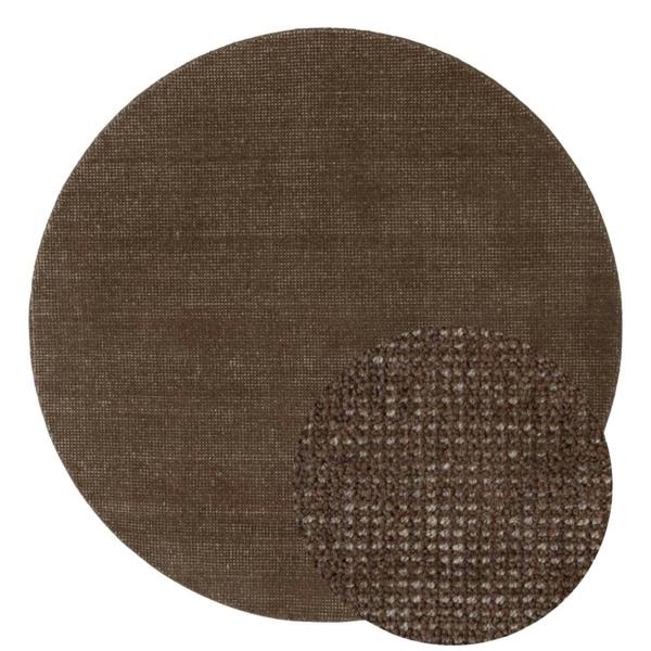 Brown textured round rug with a smaller square sample on a white background