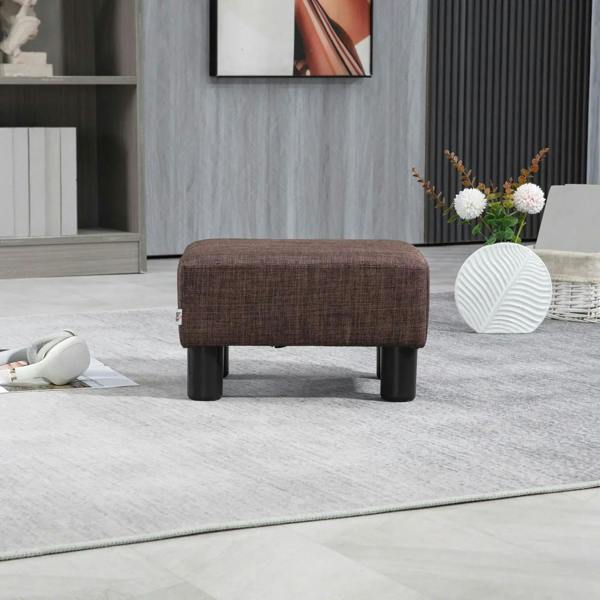 Brown linen ottoman cube with four black plastic legs, simple rounded top
