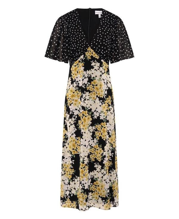 Yellow Floral Mix Flutter Sleeve Midi Dress