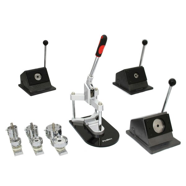 PixMax Badge Making Bundle featuring a sturdy metal press, multiple badge molds, and ergonomic handles for easy use