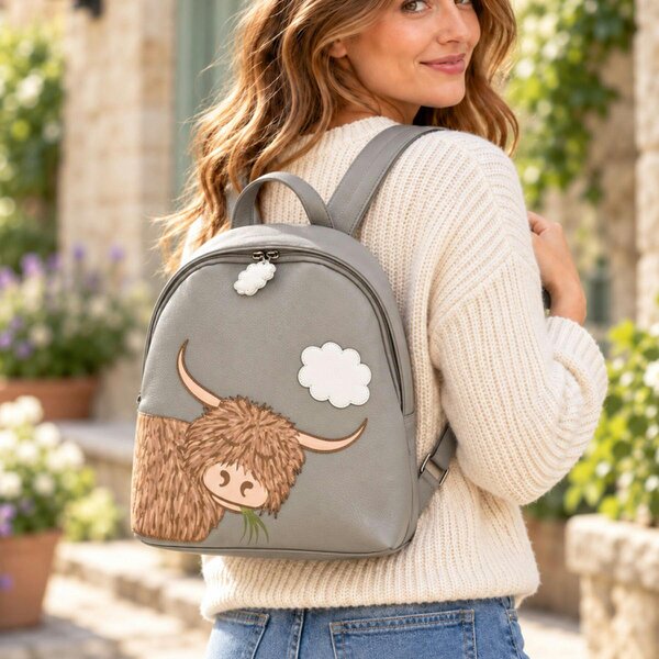 Mala Leather Highland Cow Genuine Leather Ladies Rucksack Backpack - Grey