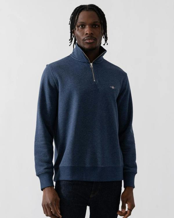 GANT Mens Regular Fit Shield Logo Half Zip Sweatshirt - 902 Dark Jeansblue Melange - CHO - Designer Mens Sweatshirts