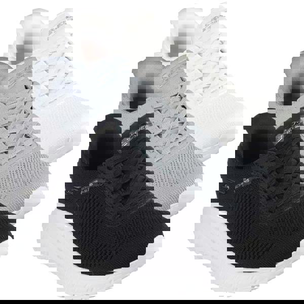 Skechers BOBS Sport Squad Chaos Women's Slip-In Sports Shoe Trainers, three pairs in black, grey, and white with cushioned soles and breathable mesh uppers.