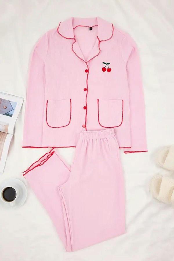 WOVCOR 2-Piece Cherry Embroidered Baby Pajama Set