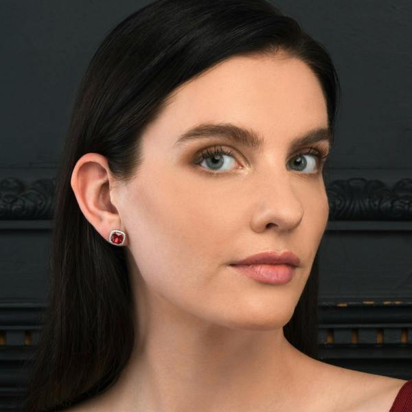 namana 925 Sterling Silver Cushion Shaped Red Halo Stud Earrings for Women