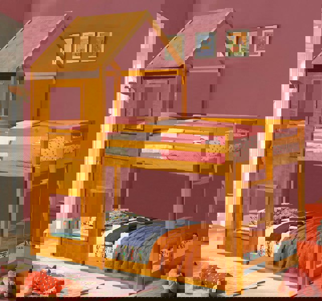 Comfy Living 3ft House Bunk Bed in Grey White Caramel