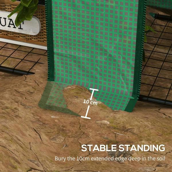 Green mini greenhouse base with extended bottom edge for stable outdoor placement