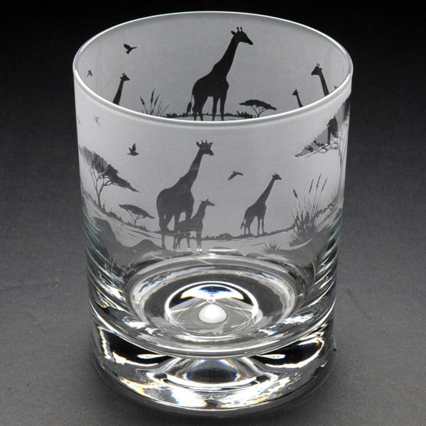 Glyptic Glass Art Giraffe Whiskey Tumbler Glass - Hand Etched/Engraved Gift