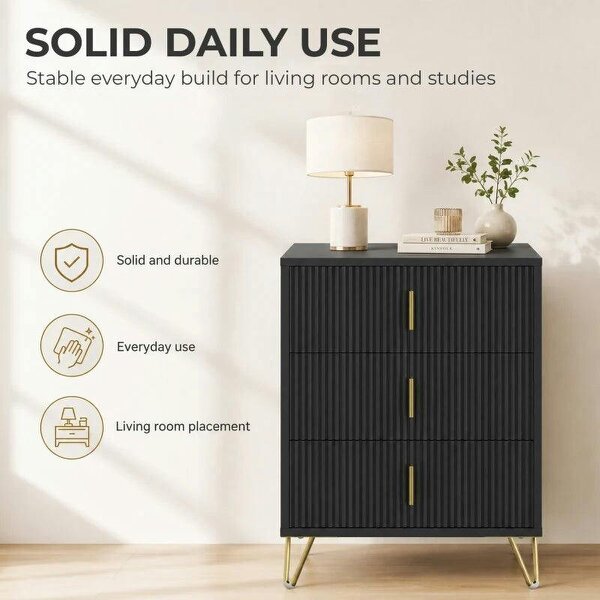 Modern 3-Drawer Dresser, Fluted Bedroom Dresser Chest of Drawers with Metal Legs and Steel Handles for Bedroom, Black