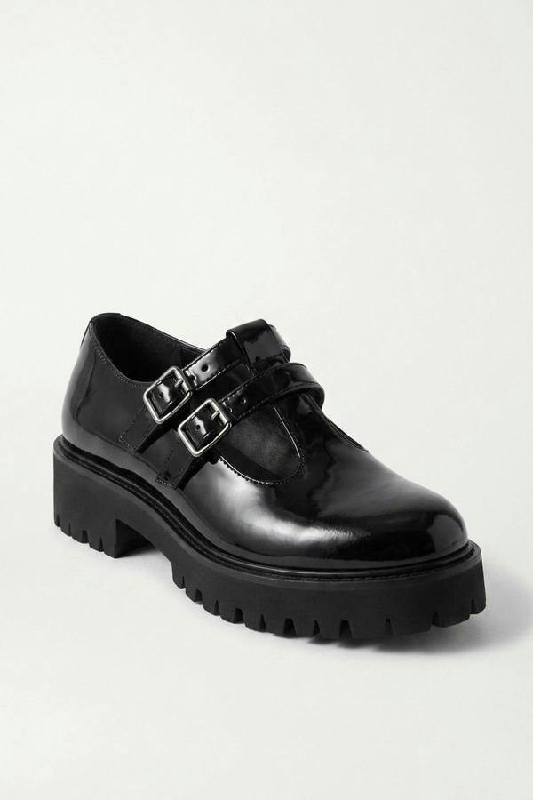 Pearl Chunky Sole Double Buckle Shoes - Black