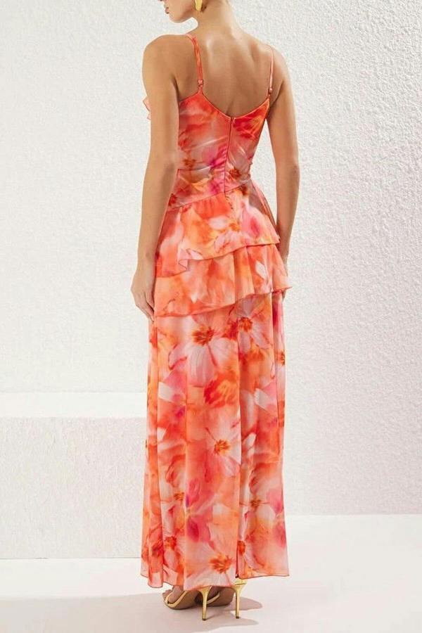 WOVCOR A-Line Floral Ruffled Tulle Knit Long Evening Dress