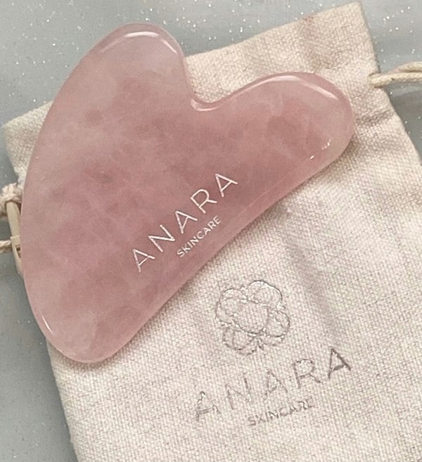 Anara Skincare Rose Quartz Gua Sha with brand cotton pouch