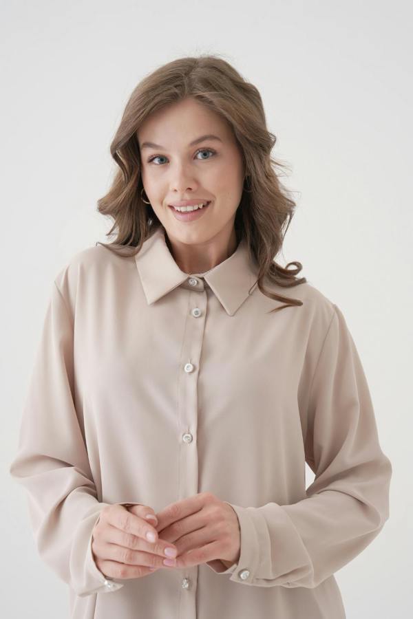 Hoxton Gal Oversized Long-Sleeves Pointed Collar Neckline Blouse in Beige