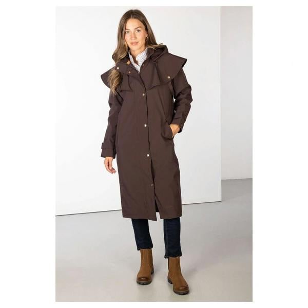Rydale Bramham Ladies Full Length Coat in dark brown, front view worn by model