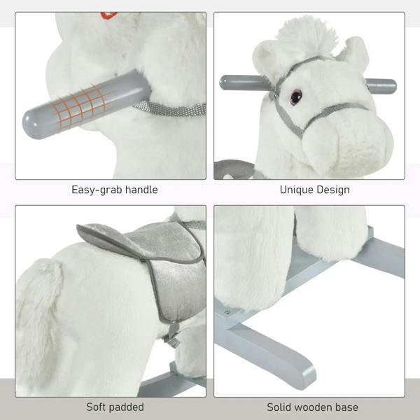 White plush rocking horse details: padded saddle, easy-grab handle, and solid wooden base