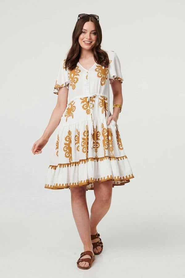 Beige | Printed Drawstring Knee Length Dress