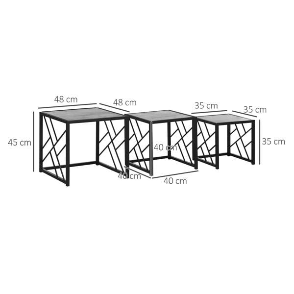 3 nesting square side tables with black metal frames and grey tabletop surfaces