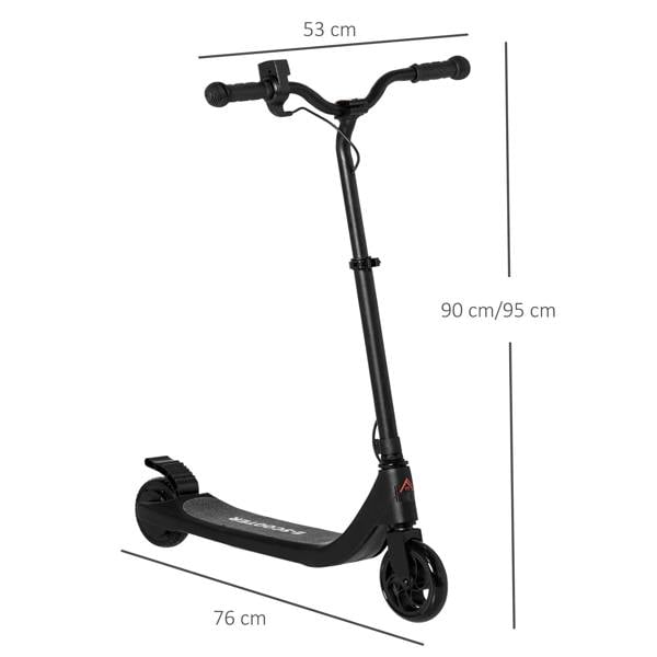 Black electric scooter with adjustable handlebar height, deck, and front wheel