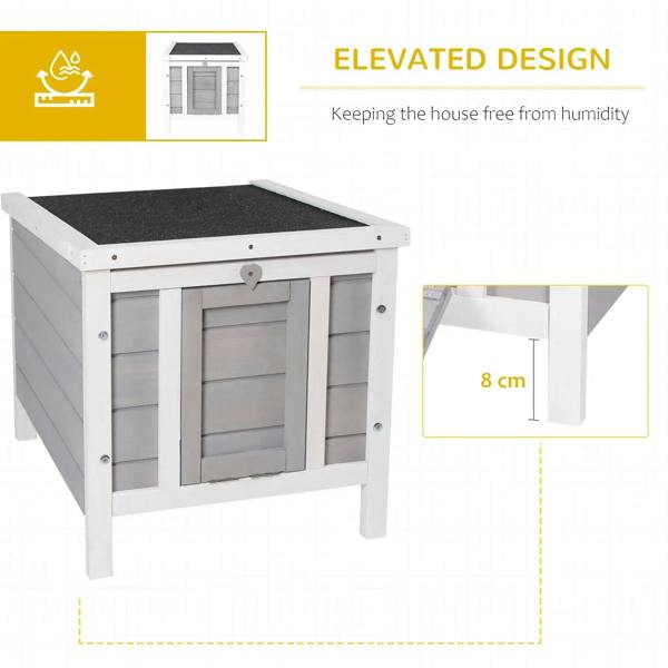 Grey wooden outdoor hutch with elevated legs and open front door