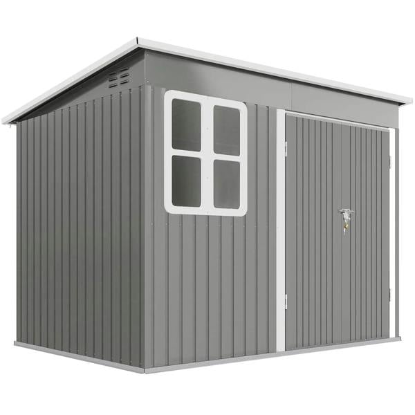 Light grey metal storage shed with double doors and four-pane window