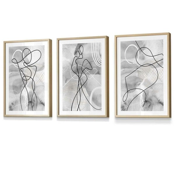 Artze Wall Art Abstract Set of 3 Fashion Line Framed Prints in Black & Grey