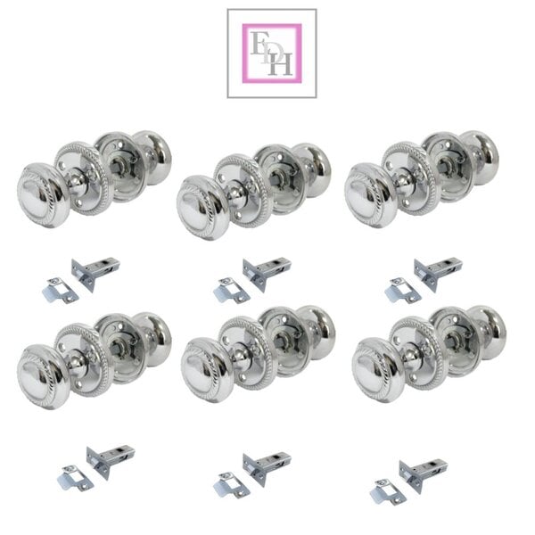 EDH Door Hardware Polished Chrome Georgian Round Door Knobs with Tubular Latch – 6 Pairs