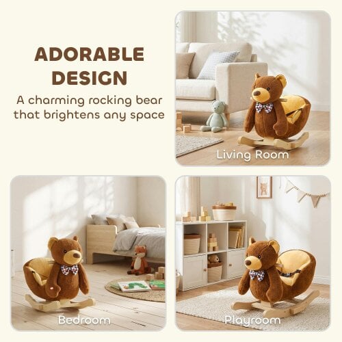 AIYAPLAY Cartoon Bear Wooden Rocking Horse Toy Musical Plush Seat Belt Brown
