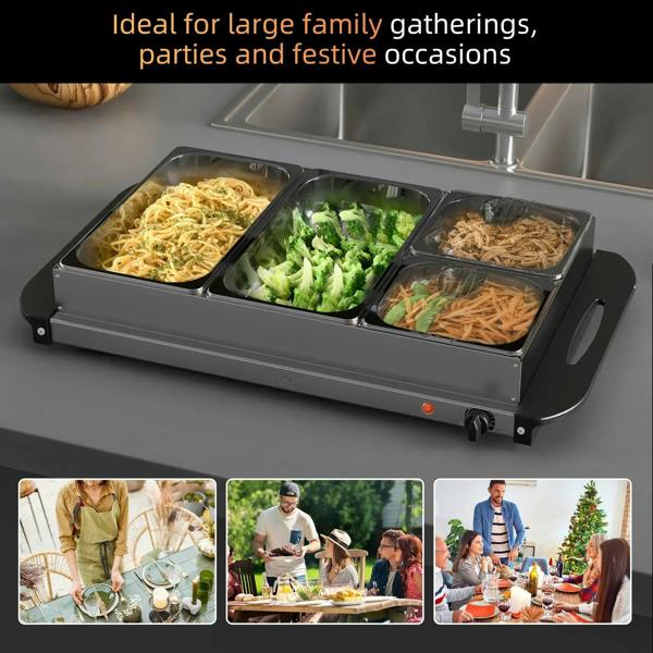Silver electric food warmer with four clear trays filled with pasta, greens, and noodles